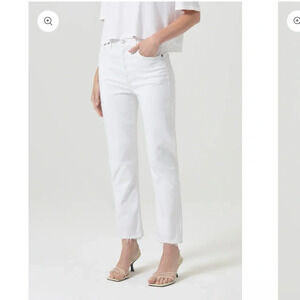 Agolde Riley High Rise Button Fly Raw Hem White Jeans